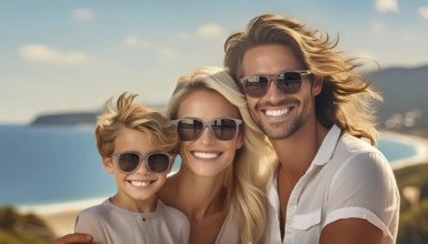 A family of three smiling and wearing sunglasses. The man is wearing a white shirt and the woman is