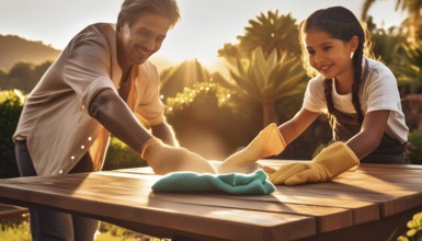 A man and a girl are cleaning a table together. The man is wearing a white shirt and the girl is
