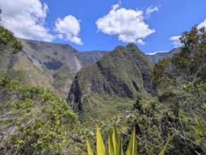 Scenic view of lush green mountains under a bright blue sky with scattered clouds, La Réunion,