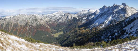 Autumn atmosphere, Eisenerz Alps and Hochschwabgebiet, the Gsollalm in the valley, panoramic