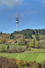 Blue sky with clouds, mixed forest, meadows and farm, Berg Blender with telecommunications tower