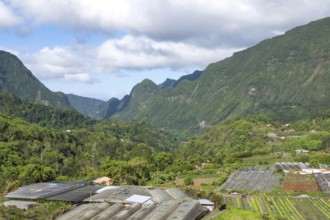 Tropical valley in Cirque de Salazie with intense green Rempart cliffs and slopes surrounded by