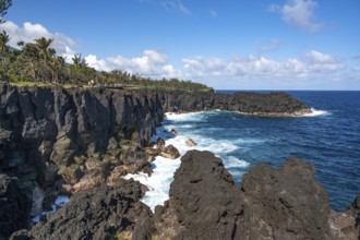 Massive, black lava cliffs rise steeply out of the Indian Ocean at Cap Mechant, where white surf