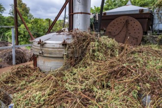 A silver-colored stainless steel distiller stands on a rust-brown frame surrounded by brown-green,