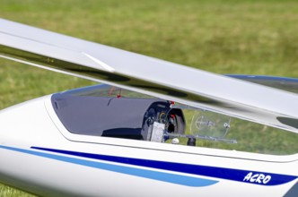 View of the cockpit of a glider as part of an air show at the Fliegerbergfest of the Rossfeld