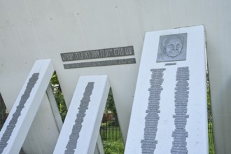 Memorial plaques with names of those killed, Great Synagogue Memorial, Holocaust Memorial, Dzirnavu