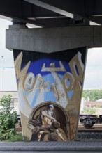 Gerhard Mercator graffiti on a concrete pillar of the A59, famous geographer of the 16th century,
