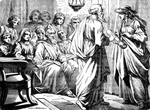 Paul hands Phoebe the letter to Christians in Rome, epistle of St. Paul to the Romans, chapter 16,