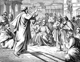 Paul preaching on the place of execution in Athens, Acts of St. Luke, chapter 1, unknown god, new