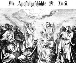 Symbolic picture of the Ascension of the Acts of the Apostles St. Luke, ray of light, cloud, angel,