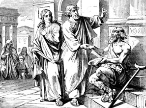 Healing the lame man, Peter and John in front of the temple door, in the name of Jesus Christ of