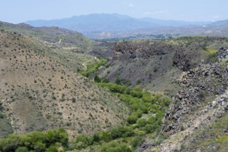 Rocky valley with green trees and distant mountain scenery, Arpa river valley near Vayk, Vayots