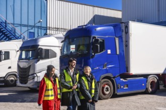 Logistics team in high visibility winter gear consulting by refrigerated trucks at a warehouse