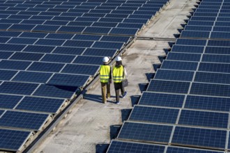 Two engineers, wearing hard hats and safety vests, walking between rows of solar panels on a