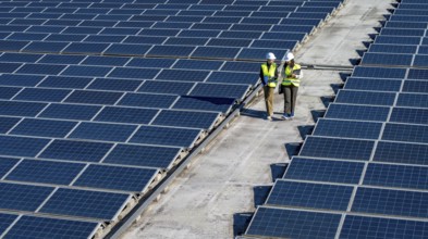Two engineers wearing hard hats and safety vests walking on a rooftop solar farm, planning