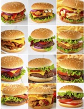 Collage of various fast food meals. beagles, hamburger, cheeseburger, french fries and a view green