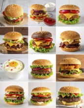 Collage of various fast food meals. beagles, hamburger, cheeseburger, french fries and a view green