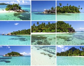 Collage of tropical islands with beach and palm trees, paradise with blue cloudy sky, turquoise
