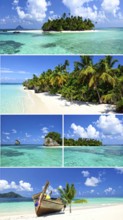 Collage of tropical islands with beach and palm trees, paradise with blue cloudy sky, turquoise