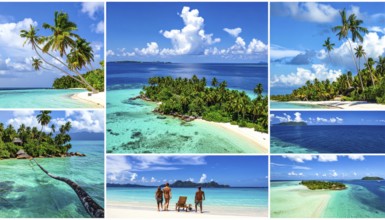 Collage of tropical islands with beach and palm trees, paradise with blue cloudy sky, turquoise