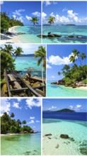 Collage of tropical islands with beach and palm trees, paradise with blue cloudy sky, turquoise