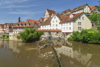 Old town reflected in Kocher, Schwäbisch Hall, Hohenlohe, Baden-Württemberg, Germany, Hohenlohe,