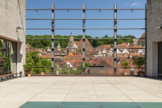 View of the old town with St. Michael church from Kunstahlle Würth, Schwäbisch Hall, Hohenlohe,