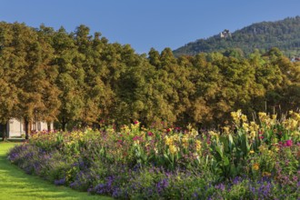 View from the spa park in Baden-Baden to the old castle in Hohenbaden, Black Forest,