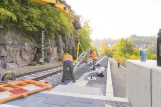 Worker with excavator on railroad tracks, autumnal atmosphere, signal construction at the Hermann