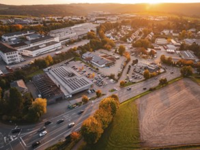 Bird's-eye view of urban environment at sunset, autumn colors dominate, Calw, Black Forest, Germany