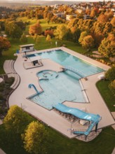 Outdoor pool with blue slides and swimming pools in autumnal parkland, Calw, Black Forest, Germany