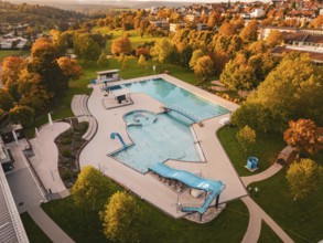 Outdoor pool with empty pool under autumn trees and hilly landscape, Calw, Black Forest, Germany