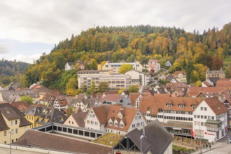 Village on a hill with half-timbered houses and wooded slopes in autumn, Calw, Black Forest,