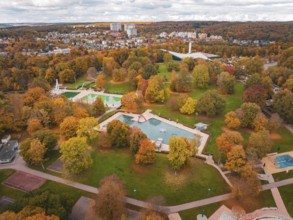 Large municipal park with ponds and colorful autumn trees, ideal for relaxation, Sindelfingen,