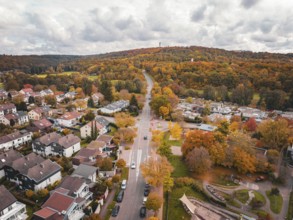 Aerial view showing road leading through autumnal hills and colorful forests, Sindelfingen,