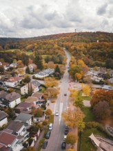 Aerial view of country road through a hilly autumn landscape with colorful trees, Sindelfingen,