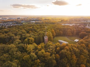 Forest area with water tower in autumn light, Sindelfingen, Böblingen district, Germany