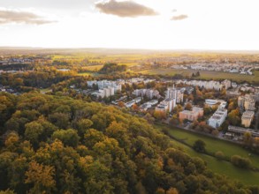 City view and forest in autumn sunlight, Sindelfingen, Böblingen district, Germany