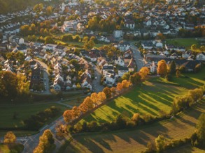Small town area with autumn-colored trees and illuminated houses, Aidlingen, Böblingen district,