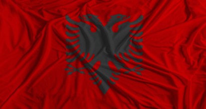 Albanian flag with fabric texture background. National flag of Albania with cloth texture