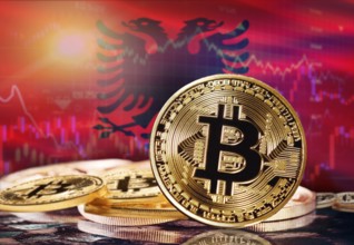 Bitcoin with Albania flag in the background. Investors in cryptocurrency and Blockchain Technology
