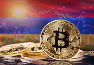 Bitcoin with Armenia flag in the background. Investors in cryptocurrency and Blockchain Technology