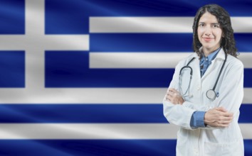 Greek medicine and healthcare concept. Close up of doctor against Greece flag background