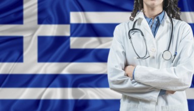 Medical professional on Greek flag. Healthcare and wellness in Greece, Concept