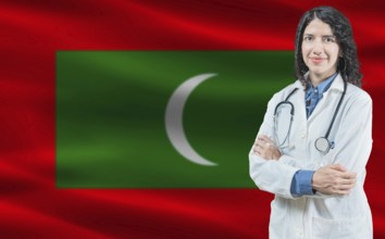 Maldivian medicine and healthcare concept. Close up of doctor against Maldivian flag background