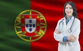 Portuguese medicine and healthcare concept. Close up of doctor against Portuguese flag background