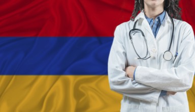 Medical professional on Armenia flag. Healthcare and wellness in Armenia, Concept