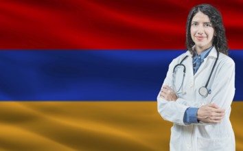 Armenian medicine and healthcare concept. Close up of doctor against Armenia flag background
