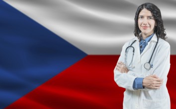 Czech medicine and healthcare concept. Close up of doctor against Czech flag background