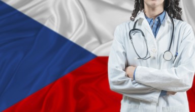 Medical professional on Czech flag. Healthcare and wellness in Czech Republic, Concept